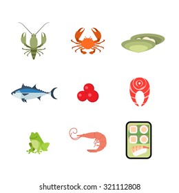 Flat style modern sea food web app concept icon set. Crab lobster crayfish crawfish oyster salmon caviar fish steak frog shrimp Japanese sushi roll mobile application. Website icons collection.