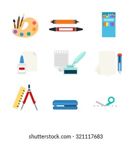 Flat style modern stationery tools web app concept icon set. Art paint palette marker pencil paper glue ink feather pen cutter knife compasses divider stapler cutting line. Website icons collection.
