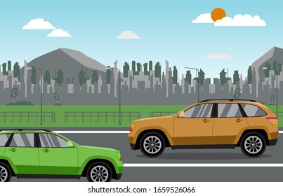 flat style modern suv car on the road with nature scene