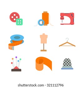 Flat style modern tailor sewing dressmaker needlewoman tools accessory fashion clothing industry web app concept icon set. Button thimble sewer mannequin pincushion thread. Website icons collection.