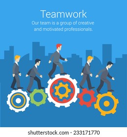 Flat style modern teamwork, workforce, staff infographic template concept. Conceptual web illustration of business people cog wheels city skyscrapers background. Leadership, human resource management.