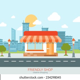 Flat style modern tiny friendly shop showcase in the city web concept vector. Little store with marquise sunblind stands on the street edge. Small business retail website conceptual illustration.