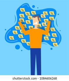 Flat style modern vector illustration of a Developer/Designer/Business Man standing frustrated. Full of Tasks on sticky note cards on Task Board. To-Dos Concept. Pending work idea