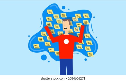 Flat style modern vector illustration of a Developer/Designer/Business Man standing Happy. Full of Tasks on sticky note cards on Task Board. To-Dos Concept. Completed work idea