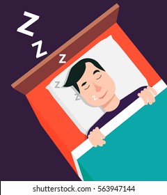 Flat style modern vector illustration isolated on violet background. A man sleeps on his back in bed. A man snores and seeing dreams.