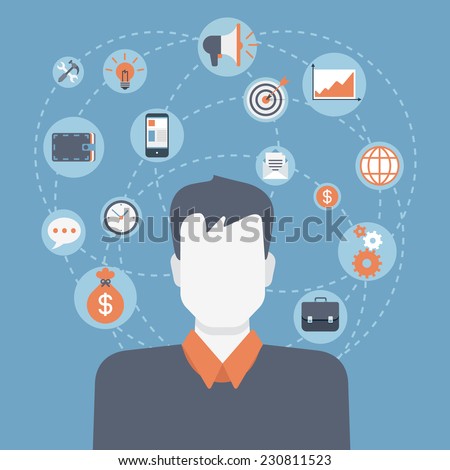 Flat style modern web businessman infographic icon collage. Vector illustration of business man in suit with activity lifestyle, work duties, responsibility icons. Finance, time management concept
