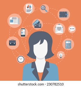 Flat Style Modern Web Businesswoman Infographic Icon Collage. Vector Illustration Of Business Woman In Suit With Activity Lifestyle, Work Duties, Responsibility Icons. Finance, Time Management Concept