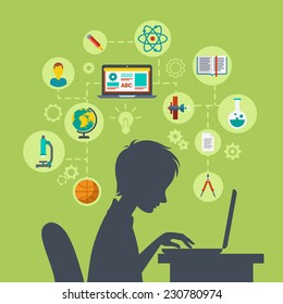 Flat style modern web infographic e-learning, online education, knowledge power, perspective, future growing concept vector illustration. Young school boy silhouette over table with laptop excited.