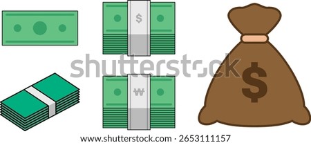 Flat style money bundle and cash stack vector icons with simple outline, including dollar, won currency packs and money bag for banking, finance, business, and budget illustrations