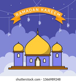 flat style mosque building, illustration of celebrations in the month of Ramadan
