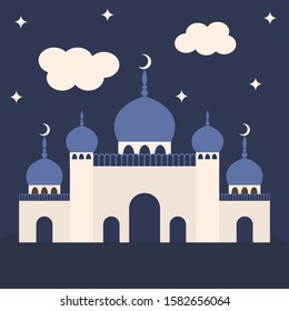Flat style Mosque isolated on white background. Traditional arabesque ornament, crescent and stars. Vector Illustration. Eid Mubarak greetings. Ramadan Kareem.