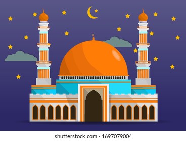 Flat style Mosque isolated on night background with crescent, cloud, and stars. Vector Illustration.
