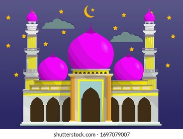 Mezquita de estilo plano aislada en el fondo nocturno con la media luna, las nubes y las estrellas. Ilustración vectorial.