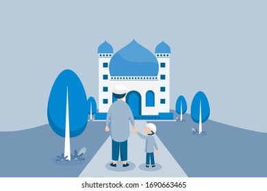 flat style Mosque  on blue background.  vector illustration. eid with people character. ramadan Kareem