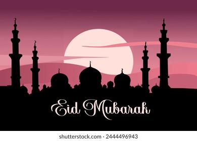 Flat style Mosque silhouette. sunset time, Vector Illustration. Eid Mubarak greetings. Ramadan Kareem.