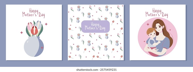 Flat style Mother's Day illustrations featuring tulips in a vase, a repeating floral pattern, and a mother holding a child, ideal for greeting cards, festive designs, and celebration themes.