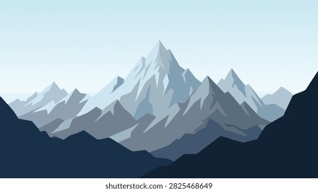 Flat Style Mountain Peak Landscape in Blue Grey Tones – Minimal Nature Vector Illustration