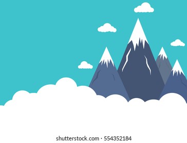 Flat style mountain peaks above clouds