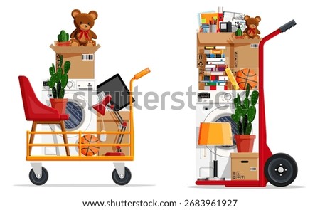 Flat style moving trolley full of household stuff. Relocation with belongings and furniture. Home moving concept.