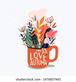 Flat style mug filled with flowers and leaves, lettering inscription Love Autumn and cartoon girl with waiving long hair. Clipart card with big orange cup and happy woman and harvest flora. Vector