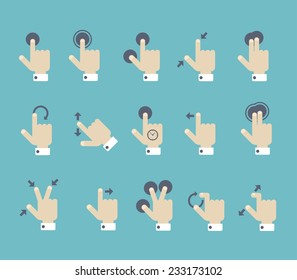 Flat Style Multi Touch Screen Gesture User Manual Guide Poster Template. Arms And Fingers With Press Point Indicators, Arrows Of Gestures Direction.