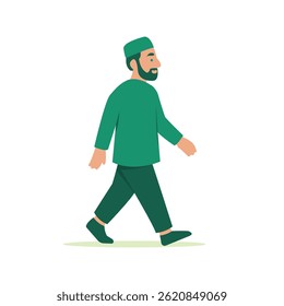 Ilustraciones de personajes musulmanes de estilo plano (masculino y femenino), adecuadas para contenido educativo, carteles de Ramadán o aplicaciones islámicas.
