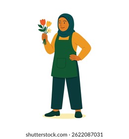 Flat style Muslim female florist in hijab holding flower bouquet – vector illustration for gardening, retail work, and cultural representation