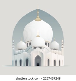 Flat style Muslim mosque isolated on white background.Vector illustration cartoon design.Beautiful muslim temple icon illustration.Eid Mubarak greetings.Ramadan Kareem.