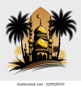 Flat style Muslim mosque isolated on white background.Vector illustration cartoon design.Beautiful muslim temple icon illustration.Eid Mubarak greetings.Ramadan Kareem.