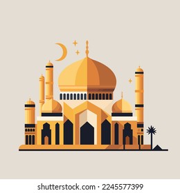 Flat style Muslim mosque isolated on white background.Vector illustration cartoon design.Beautiful muslim temple icon illustration.Eid Mubarak greetings.Ramadan Kareem.