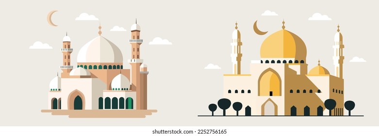 Flat style Muslim mosque isolated on white background.Vector illustration cartoon design.Beautiful muslim temple icon illustration.Eid Mubarak greetings.Ramadan Kareem.