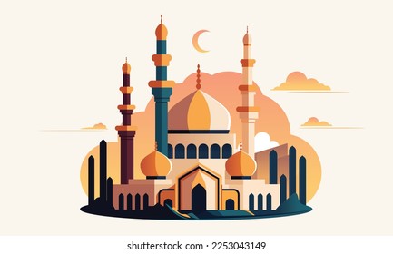 Flat style Muslim mosque isolated on white background.Vector illustration cartoon design.Beautiful muslim temple icon illustration.Eid Mubarak greetings.Ramadan Kareem.