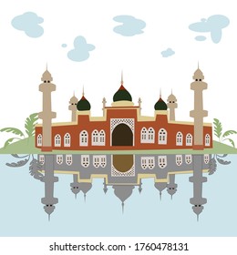Flat style Muslim mosque with shadow in bottom line in the light blue sky background,vector cartoon design .Beutiful Muslim template ,Eastern cultural landmark 