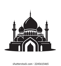 Flat style Muslim mosque silhouette logo template.Vector illustration cartoon design.Beautiful muslim temple icon illustration.Eid Mubarak greetings.Ramadan Kareem.