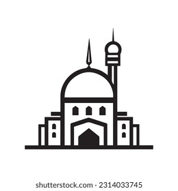 Flat style Muslim mosque silhouette logo template.Vector illustration cartoon design.Beautiful muslim temple icon illustration.islam minaret.Eid Mubarak greetings.Ramadan Kareem.