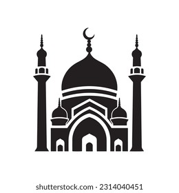Flatstyle Muslim Moschee Silhouette Logo Vorlage.Vektorgrafik Cartoon Design.Schöne Moschee Tempel Symbol Illustration.islam minaret.Eid Mubarak Grüße.Ramadan Kareem.
