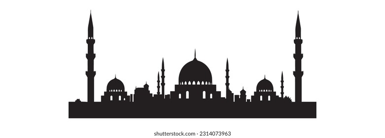 Flat style Muslim mosque silhouette.Vector illustration cartoon design.Beautiful muslim temple icon illustration.islam minaret.Eid Mubarak greetings.Ramadan Kareem.
