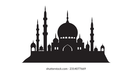 Flat style Muslim mosque silhouette.Vector illustration cartoon design.Beautiful muslim temple icon illustration.islam minaret.Eid Mubarak greetings.Ramadan Kareem.

