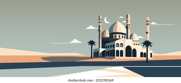 Mezquita musulmana de estilo plano. Diseño de caricaturas de ilustraciones vectoriales. Hermosa ilustración de un templo musulmán. Saludos de Eid Mubarak. Ramadán Kareem.