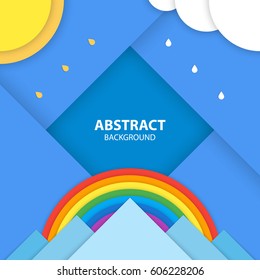 Flat style nature landscape with the sun, clouds on the sky, rainbow and mountains. Modern material design vector illustration.