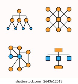 Flat Style Network Diagram Icons with Orange and Blue Nodes on Light Background Representing Hierarchical and Neural Structures - Powered by Shutterstock - Get 15% off with code: PIKWIZARD15