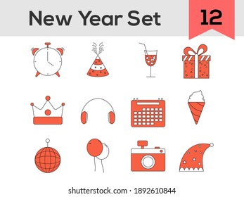 Flat Style New Year Icon Set In Orange And White Color.