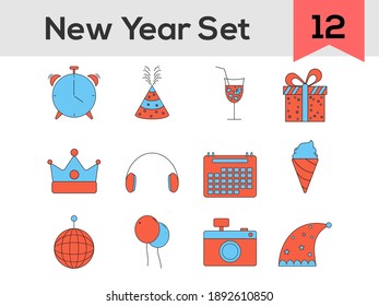 Flat Style New Year Icon Set In Orange And Blue Color.