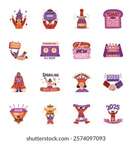 Flat Style New Year Stickers Collection 

