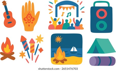 Ilustração de verão noturno de estilo plano com fogueira, violão, fogos de artifício, tenda e multidão dançante. Ideal para festivais de música, eventos ao ar livre, acampamentos e temas de celebração