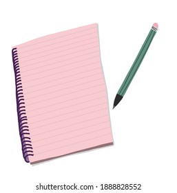 Flat style notebook and pencil in pastel colors. Doodle concept of pink notepad with spiral and green pencil with pink eraser. Trendy vector illustration. Creative design for girl stuff, print, web