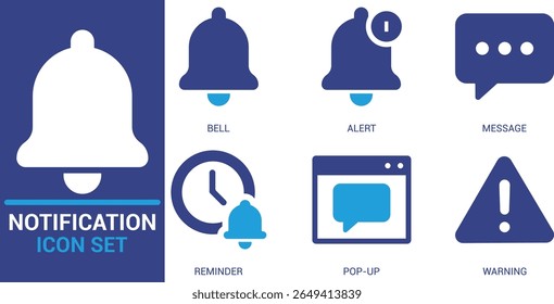 Flat style notification icon set featuring alert, bell, message, reminder, pop-up, and warning symbols. Ideal for apps, websites, UI UX, communication, and digital interfaces. EPS included.