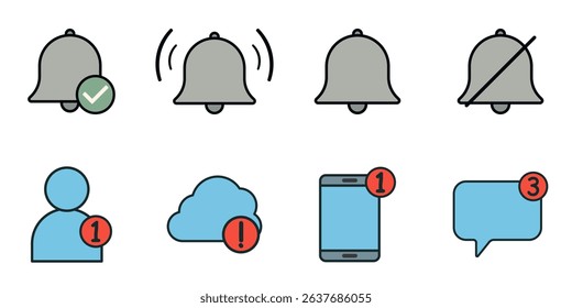 Flat Style Notification Icons Including Bell Alerts, User Badges, Cloud Warnings, and Message Counters