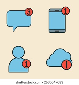 Flat style notification icons on message, smartphone, user, and cloud alert elements