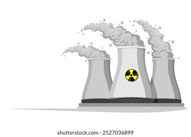 Flat Style Nuclear Industry and Weapons Illustration with Smoking Chimneys, Isolated on White Background, Editable and Scalable EPS Vector for Environmental Impact Design and Print